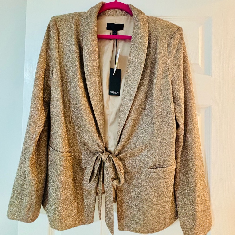 Greylin from Anthropologie Gold ShimmerBlazer with Wrap-Style Front and Tie Belt